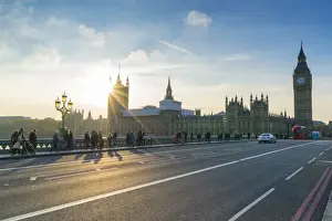 Road Marking Prints: Pedestrians on Westminster Bridge with Houses of Parliament and Big Ben at sunset