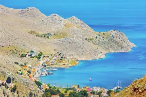 Pedi beach, high angle view, Chorio, Symi Island, Dodecanese Islands, Greece
