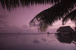 Placencia Prints: People in beach bar near the Moorings at sunset, Placencia, Belize, Central America