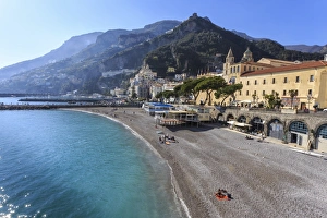 Amalfi Prints: People on beach in spring sun, Amalfi, Costiera Amalfitana (Amalfi Coast), UNESCO