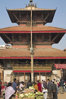 Bagmati Prints: People buying vegetables from stall in front of temple