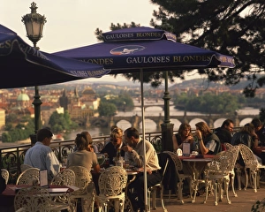 Pavement Cafes Prints: People at cafe tables in the open air at the Hanavsky Pavilion, with the river