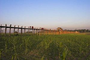 Amarapura Prints: People crossing U Beins Bridge, Taugthaman Lake, Amarapura, Mandalay