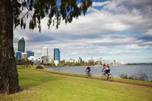 Bike Prints: People cycling alongside Swan River, Perth, Western Australia, Australia, Pacific