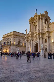 Sicily Prints: People enjoying passeggiata in Piazza Duomo on the tiny island of Ortygia, UNESCO