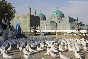 Afgani Prints: People feeding the famous white pigeons, Shrine of Hazrat Ali, Mazar-I-Sharif
