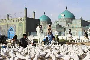 Afgani Prints: People feeding famous white pigeons at Shrine of Hazrat Ali, Mazar-I-Sharif