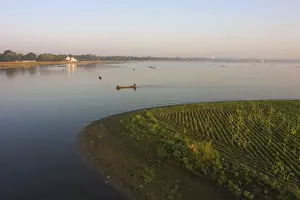 Amarapura Prints: People fishing on Taugthaman Lake near U Beins Bridge at dawn, Amarapura