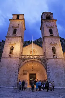 Group Of People Prints: People gathered outside St. Tryphons Cathedral in the evening, Kotor