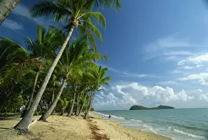 Palm Prints: People on a palm fringed beach at Palm Cove with Double Island beyond, north of Cairns