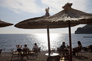 Group Of People Prints: People relaxing on the beach at Budva on the Adriatic coast, Budva, Montenegro, Europe