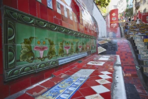 Stereotypically Brazilian Prints: People on Selaron Steps (Escadaria Selaron), Lapa, Rio de Janeiro, Brazil, South America