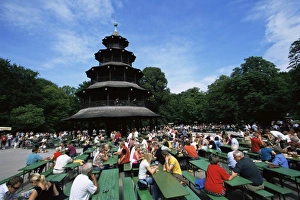 People sitting at the Chinese Tower beer garden in