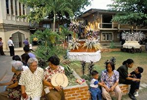 Philippino Prints: People sitting outside the cathedral of Boac at Easter