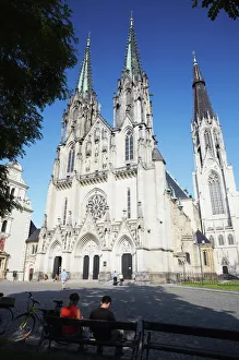 Spires Prints: People sitting in front of St. Wenceslas Cathedral, Olomouc, Moravia, Czech Republic