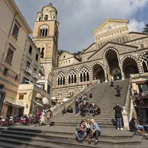 Romanesque Prints: People in the sun on cathedral steps in spring, Amalfi, Costiera Amalfitana (Amalfi Coast)