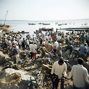 Dhow Prints: People waiting on beach for dhows to land fish, Stone Town, Zanzibar, Tanzania