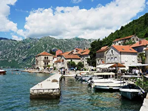 Waterfront Dining Prints: Perast Marina, Perast, Montenegro, Europe