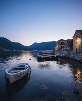 Montenegro Prints: Perast at twilight, Bay of Kotor, UNESCO World Heritage Site, Montenegro, Europe