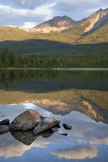 Pyramid Lake Prints: Perfect reflection, early morning light at Pyramid Lake, Jasper National Park