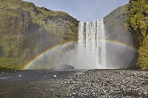 Waterfalls Prints: A permanent rainbow in waterfall spray, Skogafoss Falls, near Vik, southern Iceland