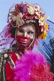 Person wearing masked carnival costume