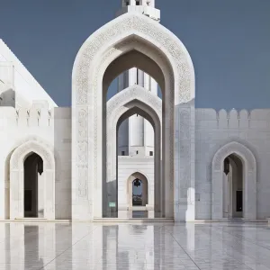 Muscat Prints: Perspective on arches and minaret of Sultan Qaboos Mosque, Muscat, Oman, Middle East