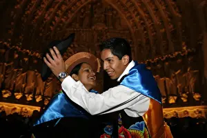 Young Man Prints: Peruvian dancing outside Notre Dame de Paris cathedral, Paris, France, Europe
