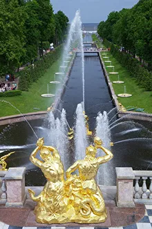 Gilded Prints: Peterhof Fountains of the Grand Cascade and gardens in summer