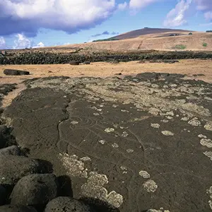 Petroglyph Prints: A petroglyph on rock at Ahu Tongariki on Easter Island (Rapa Nui), Chile, South America
