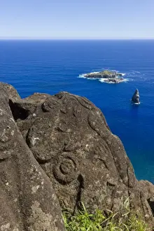 Carve Prints: Petroglyphs at the archeological site of Orongo Ceremonial village high on the crater rim of Ranu Kau