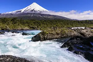 Lakes District Prints: Petrohue rapids, snow-capped, conical Osorno volcano, Vicente Perez Rosales National Park