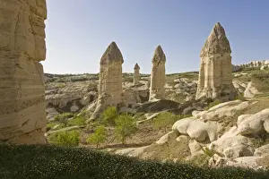 Phallic pillars known as fairy chimneys in the valley known as Love Valley near Goreme in Cappadocia, Anatolia, Turkey, Asia