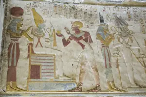 Egyptian Prints: Pharaoh Seti I in center making an offering to the seated God Osiris, Temple of Seti I