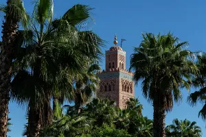 Minaret Prints: Photo shows the minaret of Koutoubia Mosque surrounded by palm trees in Marrakech