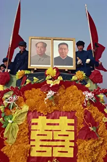 Parades Prints: Photograph taken in the 1960s of a truck decorated with portraits of Hua Kuo-feng