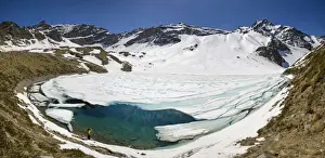 Photographer Prints: Photographer at Laj dal Teo where snow begins to melt due to spring thaw, Poschiavo Valley