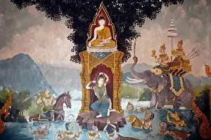 South East Asian Prints: Phra Mae Thorani twists her long hair and torrents of water create a flood