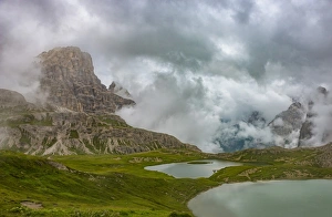 Alto Adige Prints: Piani lakes and Scarpieri peak on a foggy and cloudy day, Dolomites, Alto Adige district