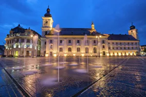 Romania Prints: Piata Mare (Great Square) at night, with Sibiu City Hall on left and Sibiu Baroque