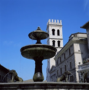Assisi Prints: Piazza del Comune with fountain and temple of Menerva