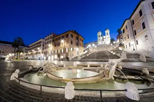 Water Feature Prints: Piazza di Spagna (Spanish Steps) with Barcaccia fountain in foreground