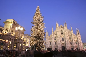 Radiant Prints: Piazza Duomo at Christmas at dusk, Milan, Lombardy, Italy, Europe