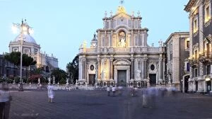 Piazza Duomo at dusk, Catania, Sicily, Italy, Europe