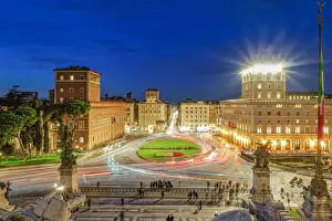 Light Beam Prints: Piazza Venezia (Venice Square) with traffic at blue hour elevated view from Altare