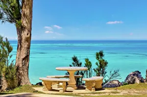 Outdoor Dining Prints: Picnic table next to the ocean, Somerset Parish, Bermuda, Atlantic, North America