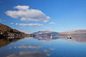 Loch Prints: Picturesque tranquil Loch Lomond with sailing boats, Luss Jetty, Luss, Argyll and Bute