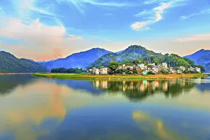Province Prints: Picturesque view of XinAn River with WuFuShan Village and mountains in Huangshan