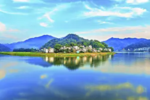 Province Prints: Picturesque view of XinAn River with WuFuShan Village and mountains in Huangshan