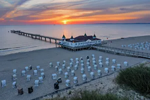 Beach Chair Prints: Pier and beach chairs on the beach of Ahlbeck